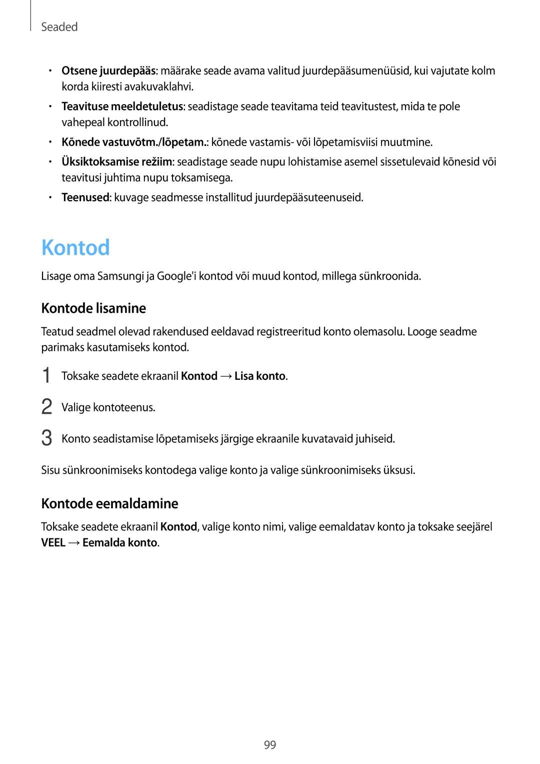 Samsung SM-J710FZDNSEB, SM-J510FZKUSEB, SM-J710FZKNSEB, SM-J510FZDUSEB manual Kontode lisamine, Kontode eemaldamine 