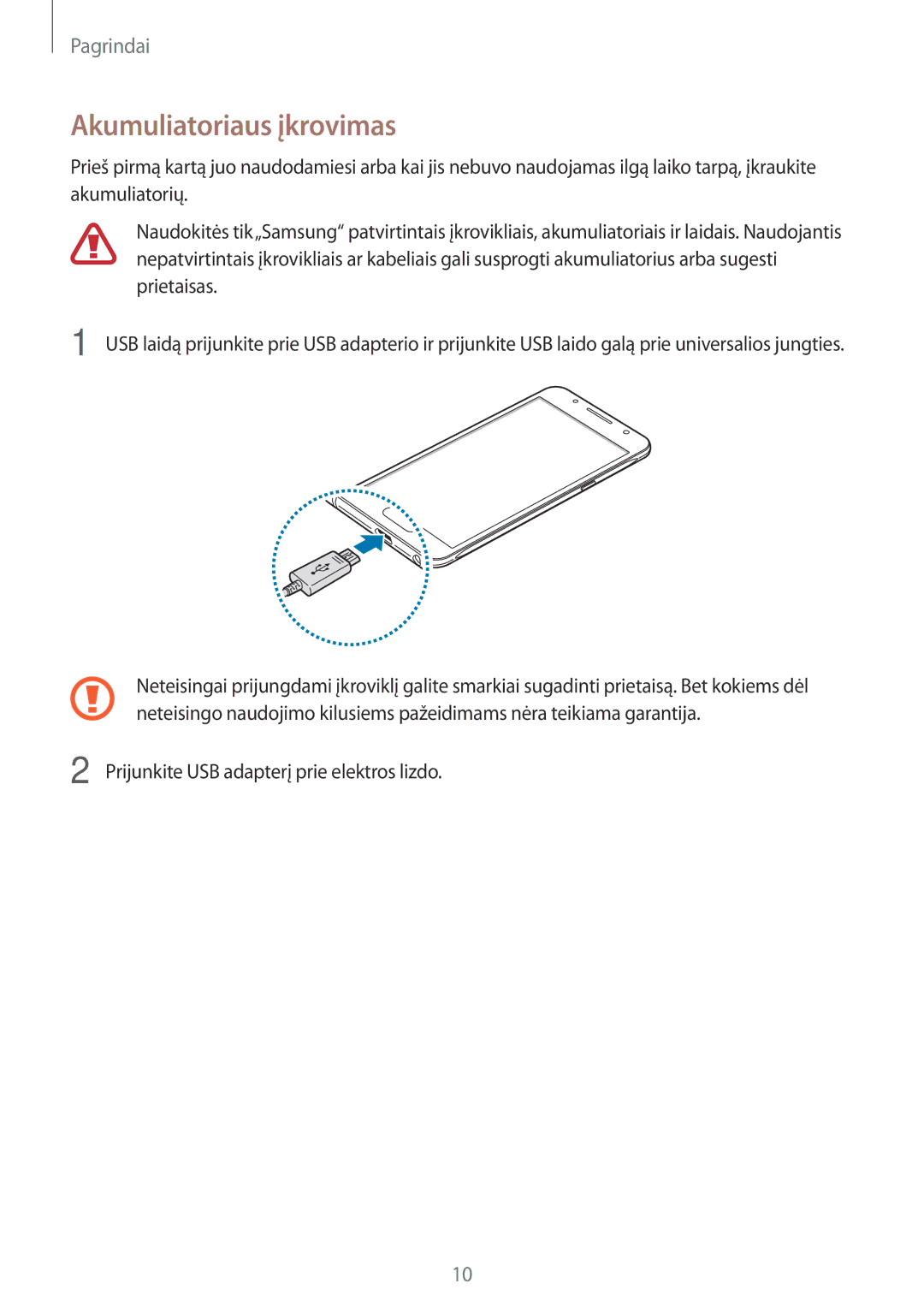 Samsung SM-J510FZDUSEB, SM-J510FZKUSEB, SM-J710FZKNSEB, SM-J710FZDNSEB manual Akumuliatoriaus įkrovimas 