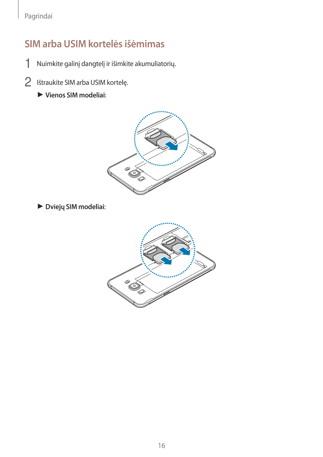 Samsung SM-J510FZKUSEB, SM-J710FZKNSEB manual SIM arba Usim kortelės išėmimas, Vienos SIM modeliai Dviejų SIM modeliai 