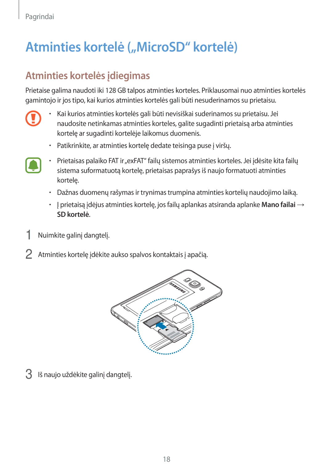 Samsung SM-J510FZDUSEB, SM-J510FZKUSEB, SM-J710FZKNSEB Atminties kortelė „MicroSD kortelė, Atminties kortelės įdiegimas 