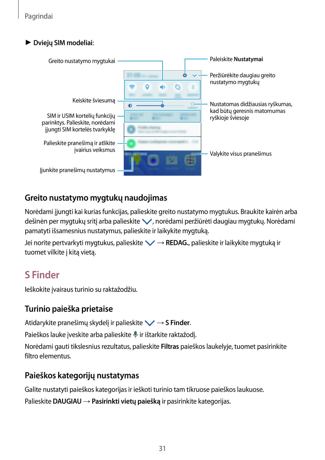 Samsung SM-J710FZDNSEB, SM-J510FZKUSEB manual Finder, Greito nustatymo mygtukų naudojimas, Turinio paieška prietaise 