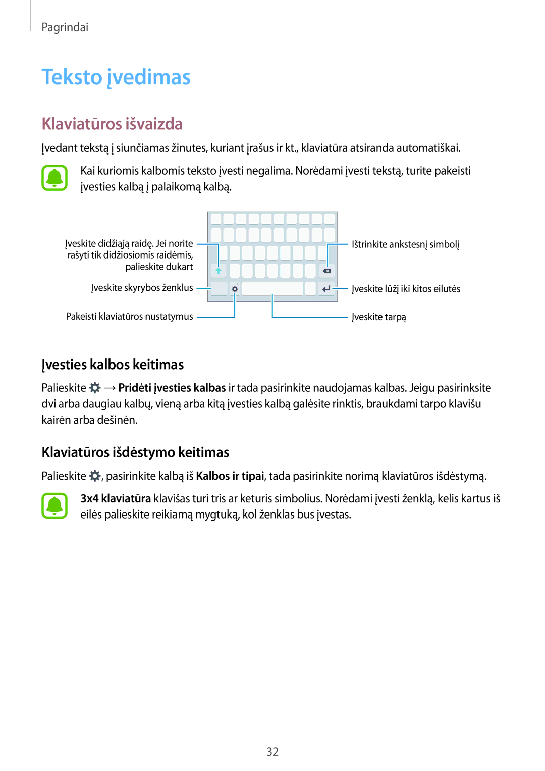 Samsung SM-J510FZKUSEB Teksto įvedimas, Klaviatūros išvaizda, Įvesties kalbos keitimas, Klaviatūros išdėstymo keitimas 