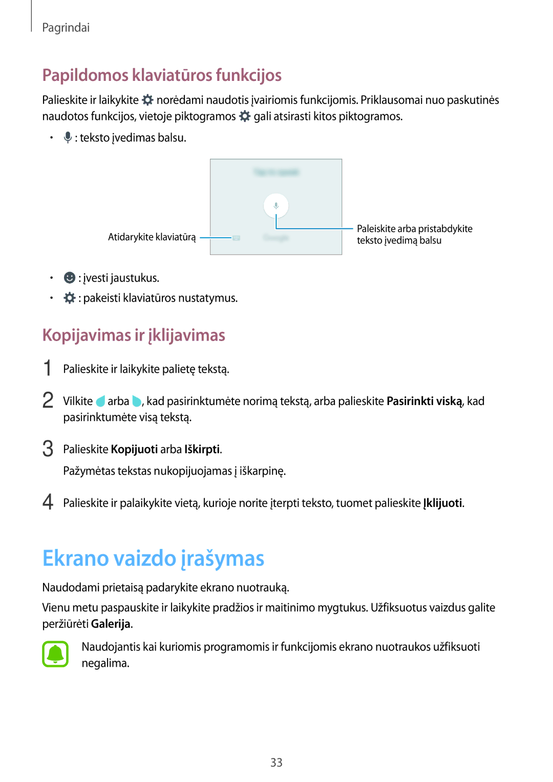 Samsung SM-J710FZKNSEB manual Ekrano vaizdo įrašymas, Papildomos klaviatūros funkcijos, Kopijavimas ir įklijavimas 