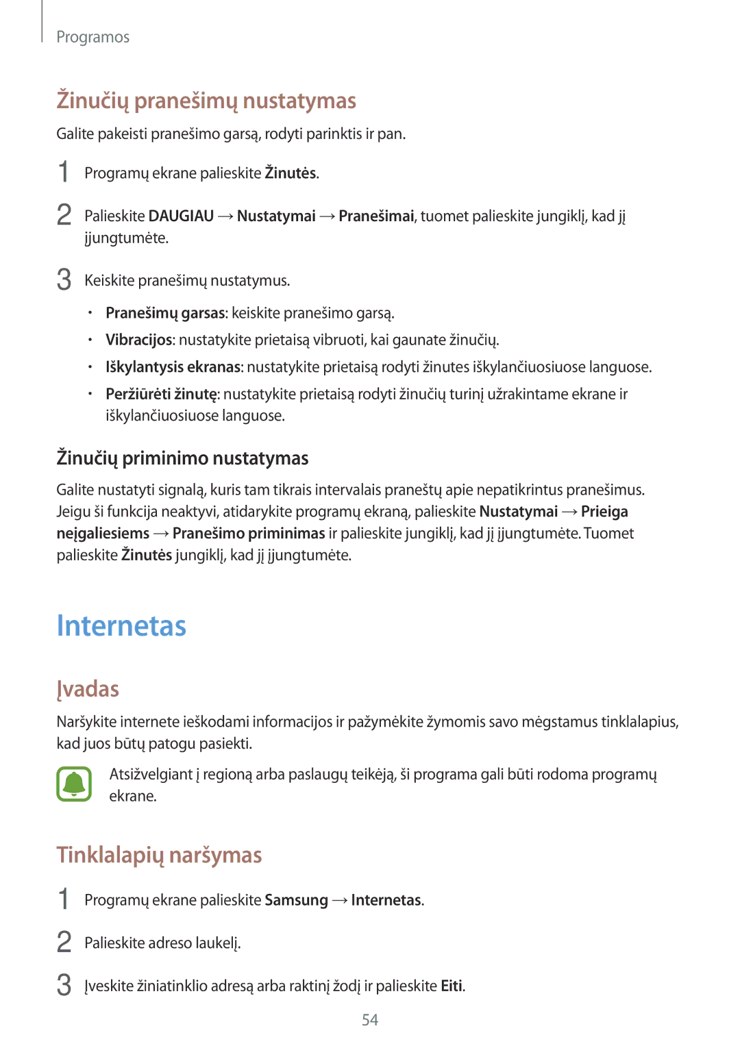 Samsung SM-J510FZDUSEB manual Internetas, Žinučių pranešimų nustatymas, Tinklalapių naršymas, Žinučių priminimo nustatymas 