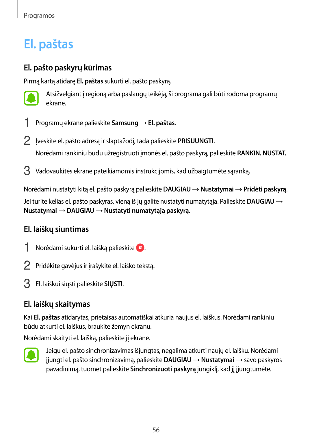 Samsung SM-J510FZKUSEB, SM-J710FZKNSEB El. paštas, El. pašto paskyrų kūrimas, El. laiškų siuntimas, El. laiškų skaitymas 