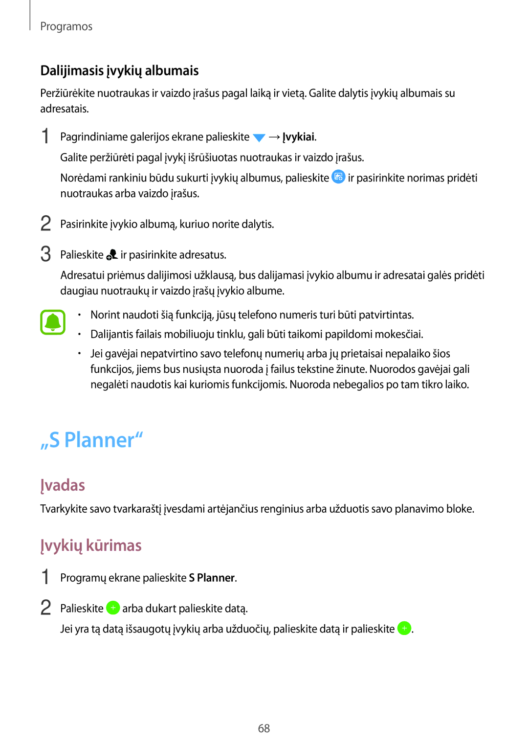 Samsung SM-J510FZKUSEB, SM-J710FZKNSEB, SM-J510FZDUSEB manual „S Planner, Įvykių kūrimas, Dalijimasis įvykių albumais 