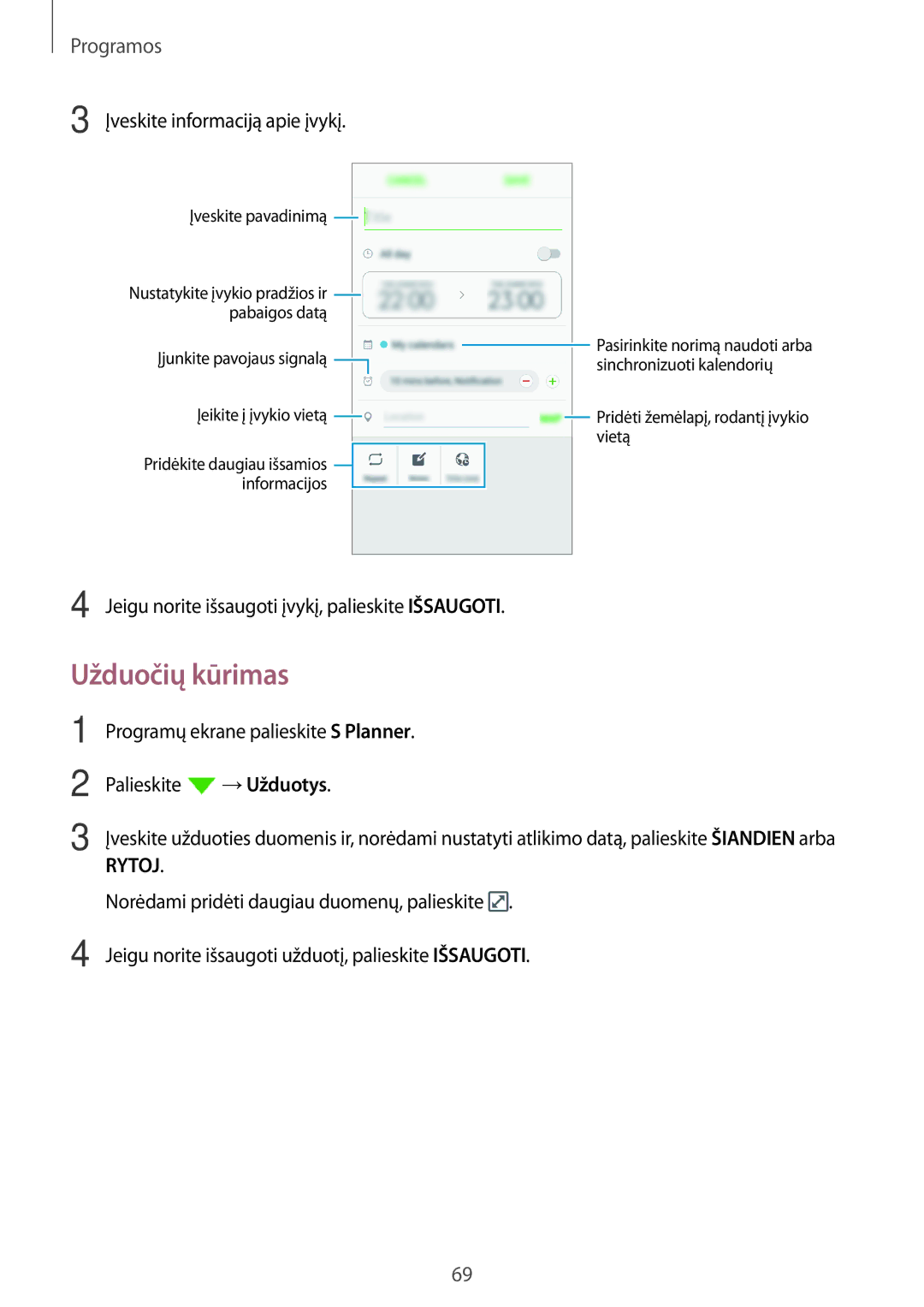 Samsung SM-J710FZKNSEB, SM-J510FZKUSEB, SM-J510FZDUSEB, SM-J710FZDNSEB Užduočių kūrimas, Įveskite informaciją apie įvykį 