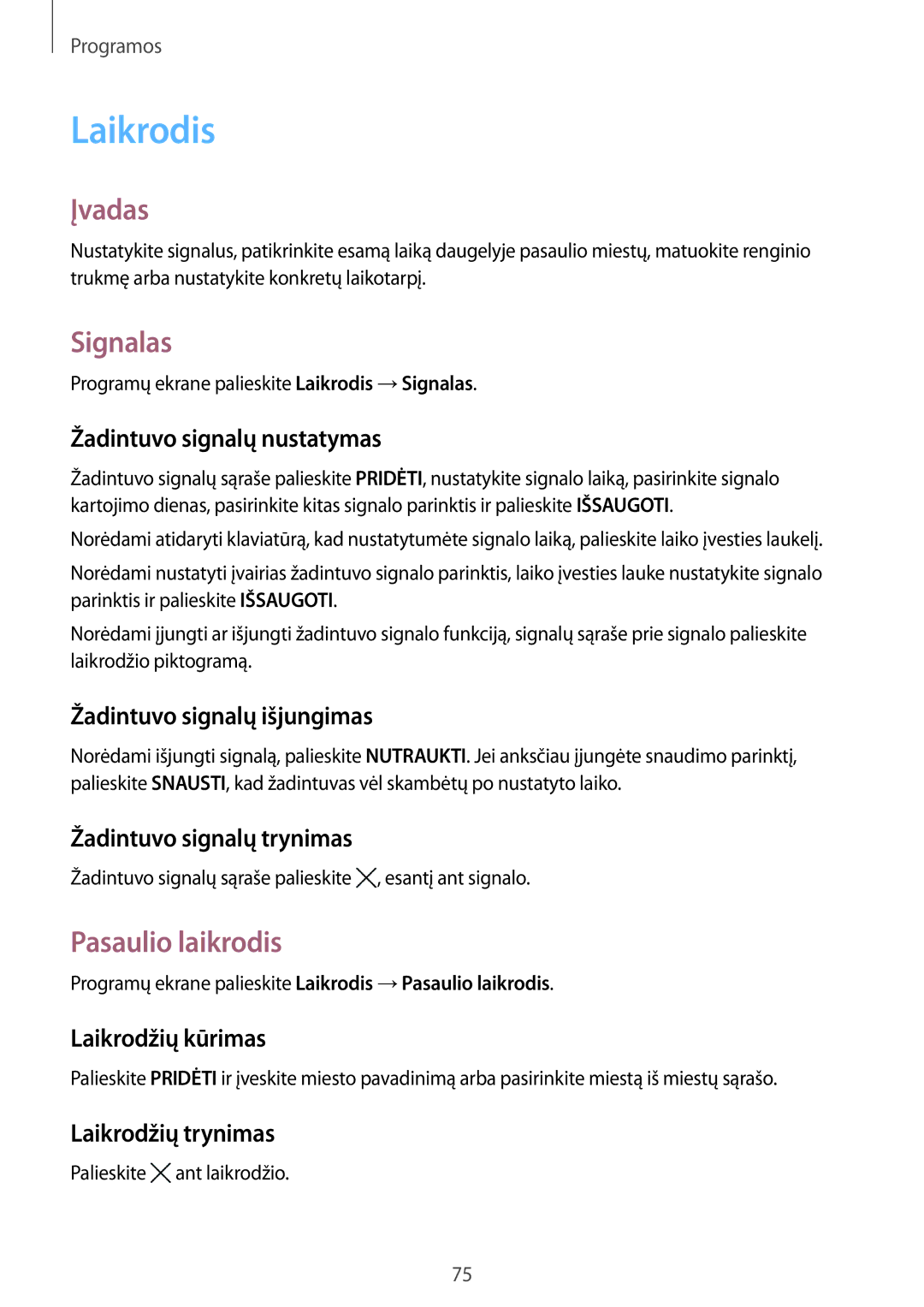 Samsung SM-J710FZDNSEB, SM-J510FZKUSEB, SM-J710FZKNSEB, SM-J510FZDUSEB manual Laikrodis, Signalas, Pasaulio laikrodis 