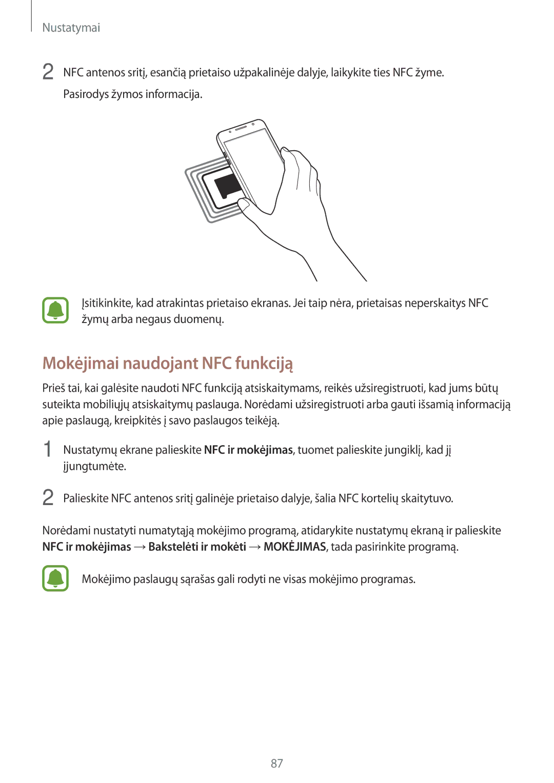 Samsung SM-J710FZDNSEB, SM-J510FZKUSEB, SM-J710FZKNSEB, SM-J510FZDUSEB manual Mokėjimai naudojant NFC funkciją 