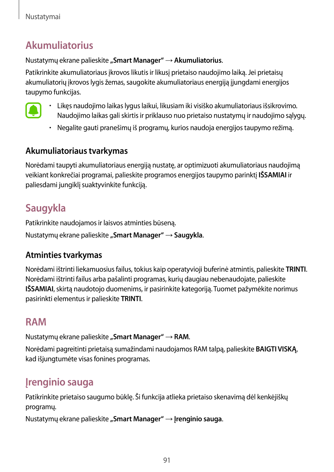 Samsung SM-J710FZDNSEB manual Akumuliatorius, Saugykla, Įrenginio sauga, Akumuliatoriaus tvarkymas, Atminties tvarkymas 