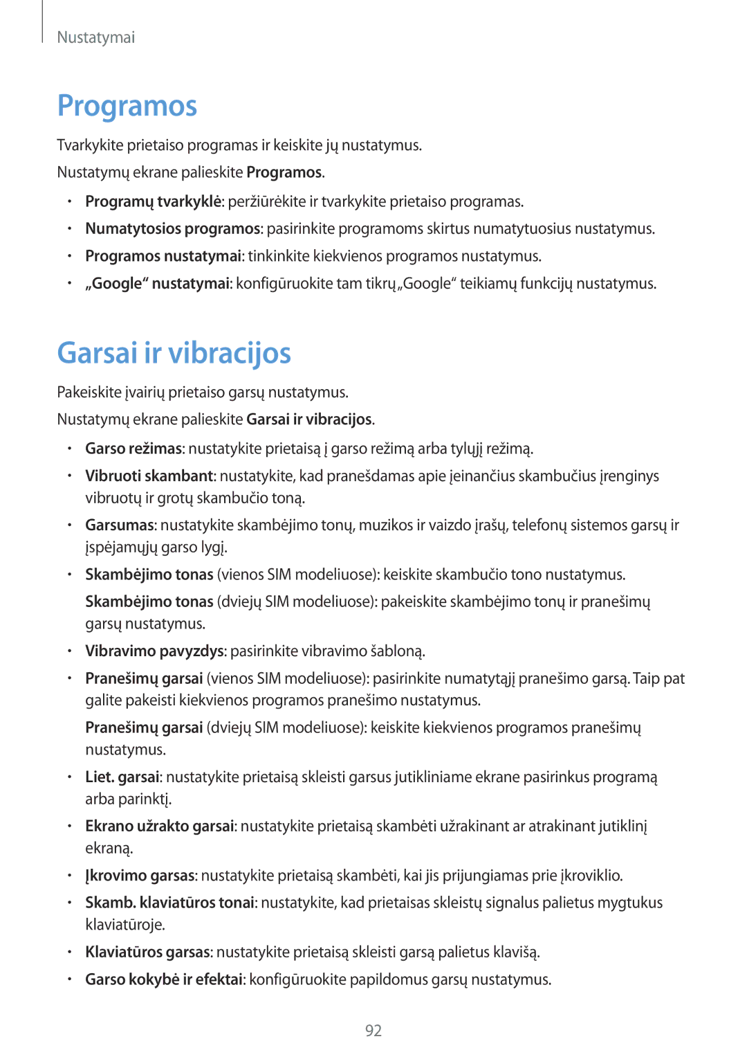 Samsung SM-J510FZKUSEB, SM-J710FZKNSEB, SM-J510FZDUSEB, SM-J710FZDNSEB manual Programos, Garsai ir vibracijos 