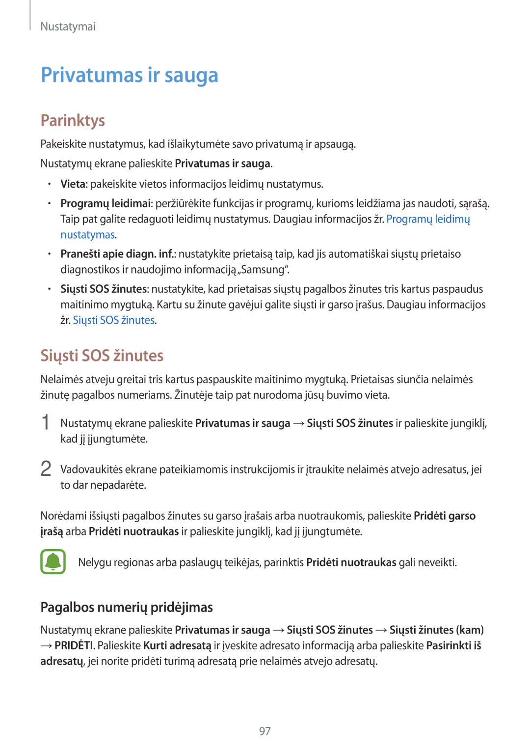 Samsung SM-J710FZKNSEB, SM-J510FZKUSEB, SM-J510FZDUSEB Privatumas ir sauga, Siųsti SOS žinutes, Pagalbos numerių pridėjimas 