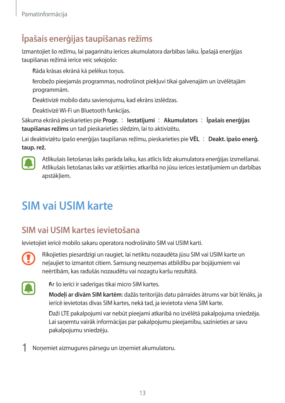 Samsung SM-J710FZKNSEB, SM-J510FZKUSEB manual Īpašais enerģijas taupīšanas režīms, SIM vai Usim kartes ievietošana 