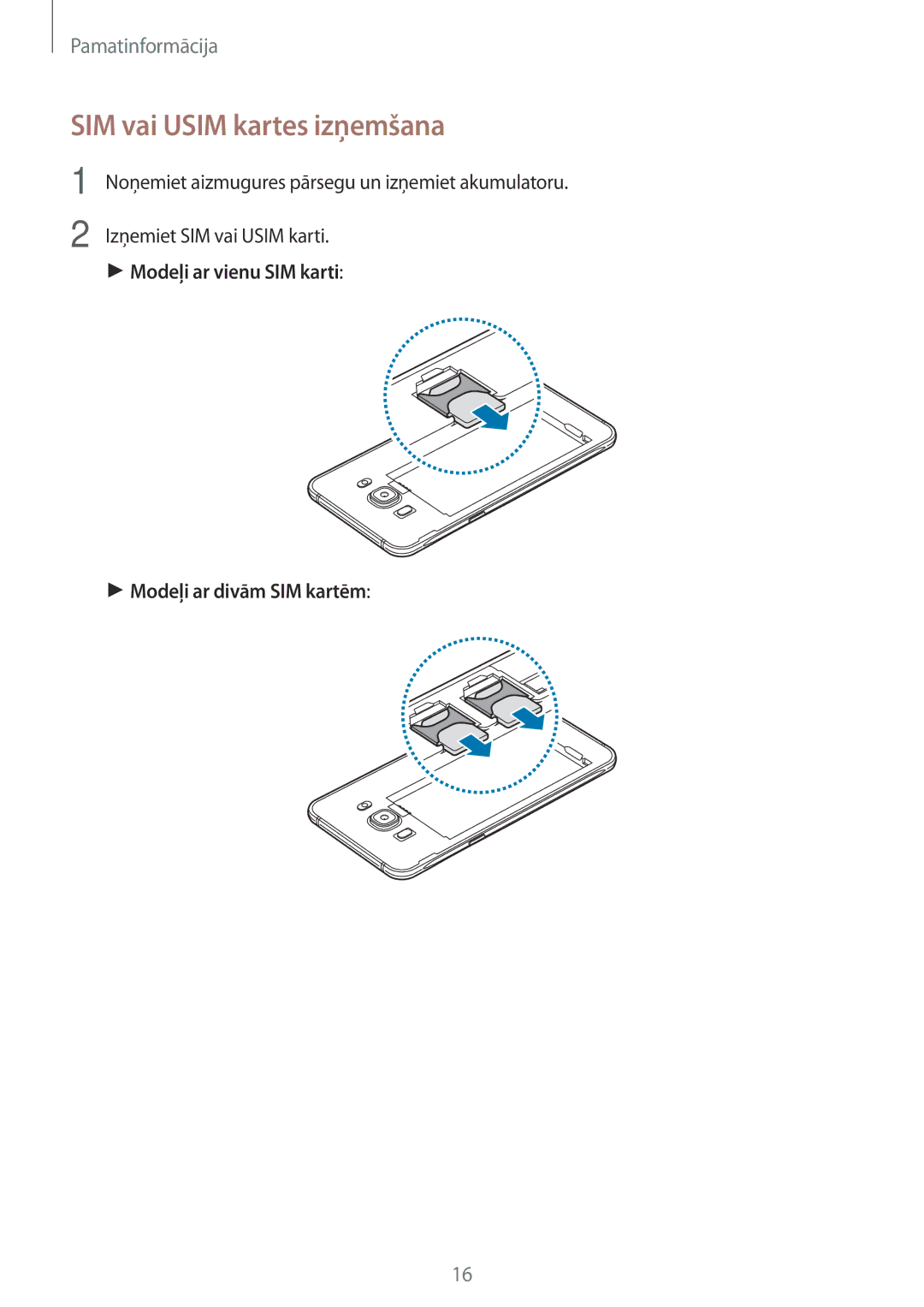 Samsung SM-J510FZKUSEB, SM-J710FZKNSEB, SM-J510FZDUSEB, SM-J710FZDNSEB manual SIM vai Usim kartes izņemšana 