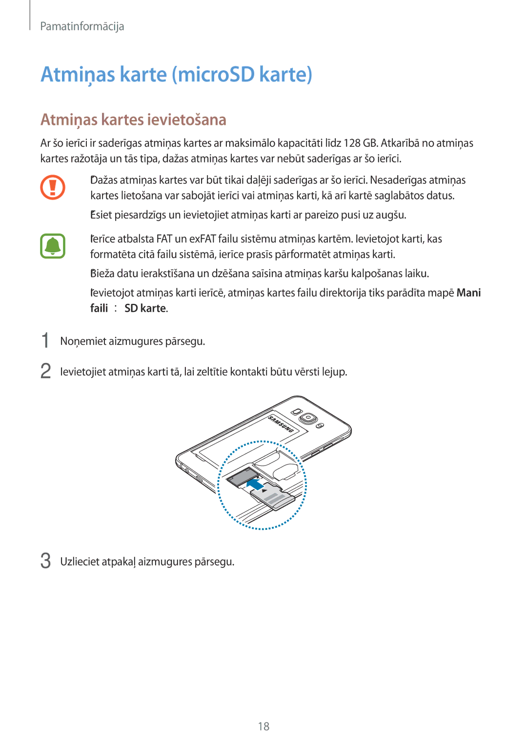 Samsung SM-J510FZDUSEB, SM-J510FZKUSEB, SM-J710FZKNSEB manual Atmiņas karte microSD karte, Atmiņas kartes ievietošana 