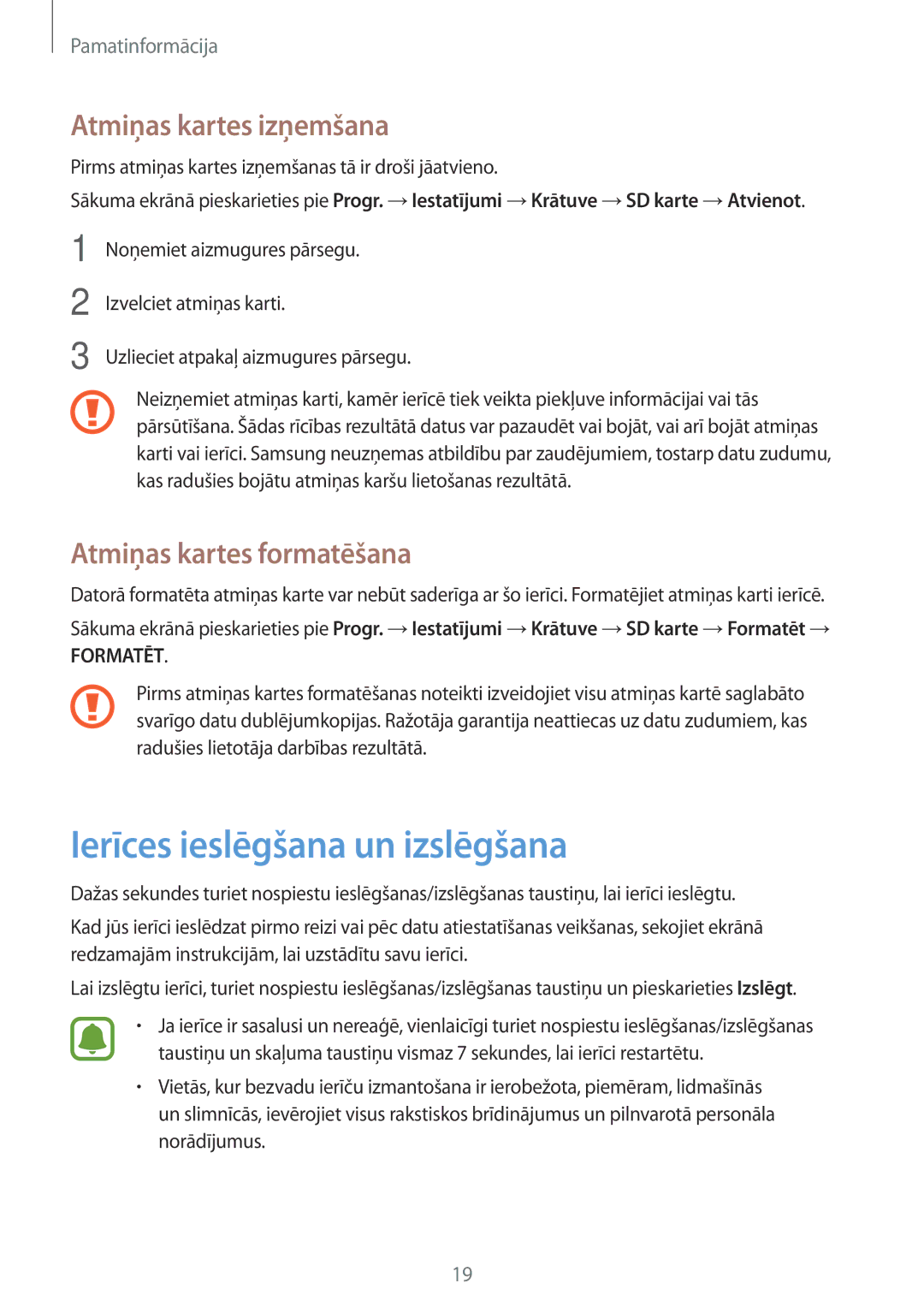 Samsung SM-J710FZDNSEB manual Ierīces ieslēgšana un izslēgšana, Atmiņas kartes izņemšana, Atmiņas kartes formatēšana 
