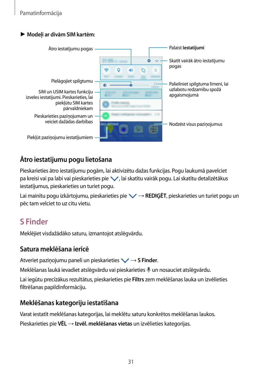 Samsung SM-J710FZDNSEB Finder, Ātro iestatījumu pogu lietošana, Satura meklēšana ierīcē, Meklēšanas kategoriju iestatīšana 