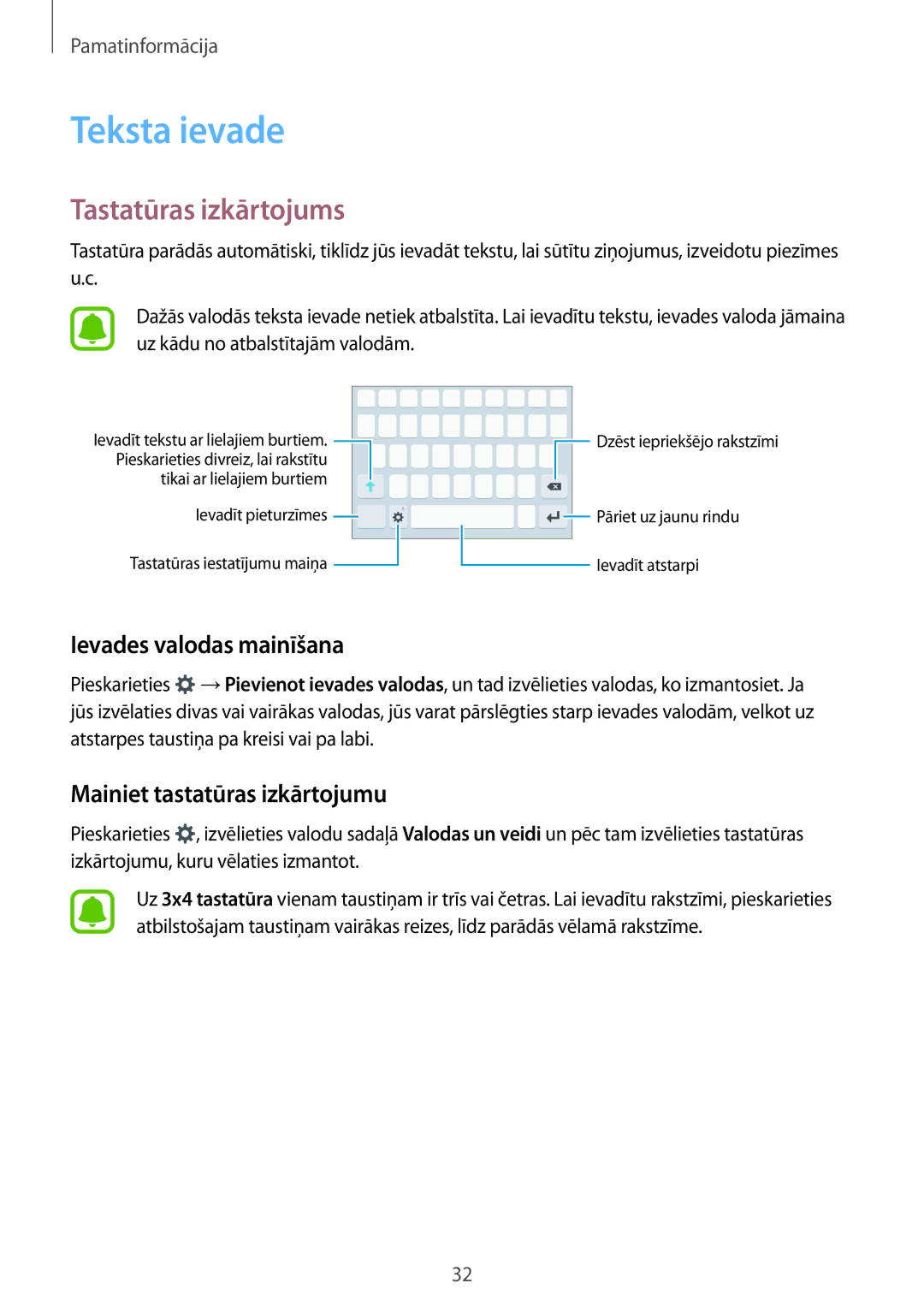 Samsung SM-J510FZKUSEB Teksta ievade, Tastatūras izkārtojums, Ievades valodas mainīšana, Mainiet tastatūras izkārtojumu 