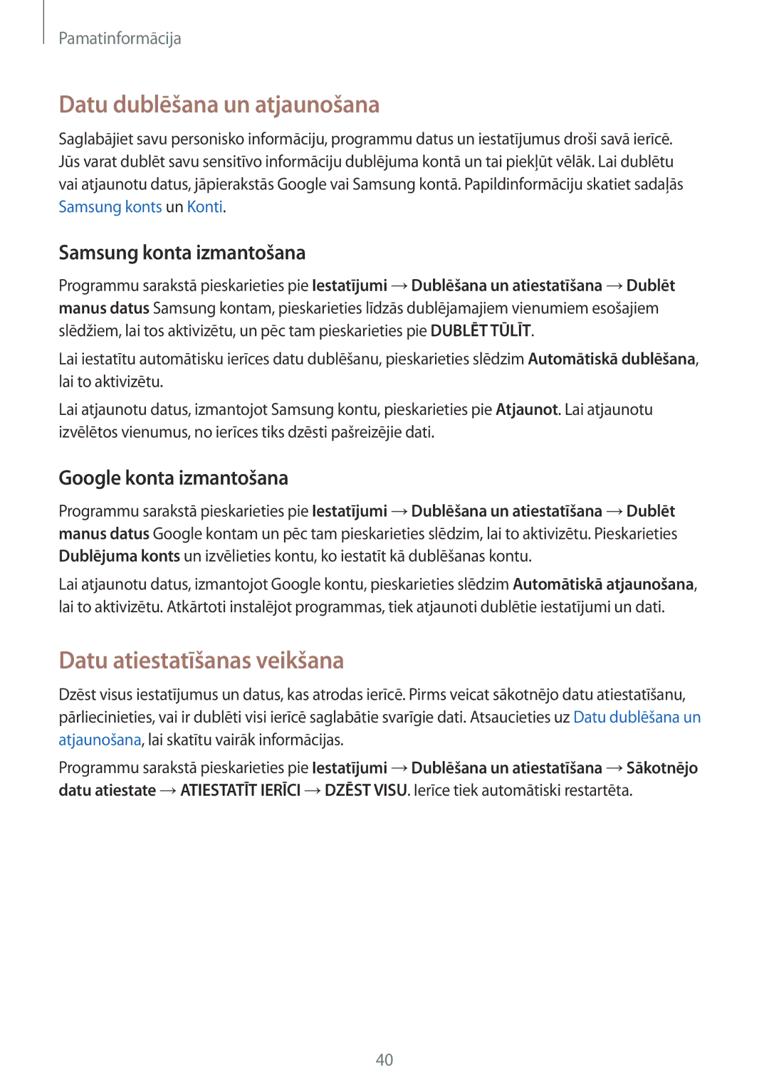 Samsung SM-J510FZKUSEB manual Datu dublēšana un atjaunošana, Datu atiestatīšanas veikšana, Samsung konta izmantošana 