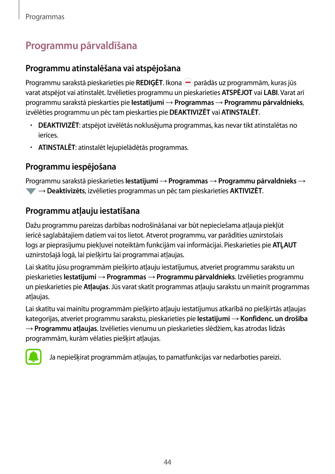 Samsung SM-J510FZKUSEB manual Programmu pārvaldīšana, Programmu atinstalēšana vai atspējošana, Programmu iespējošana 