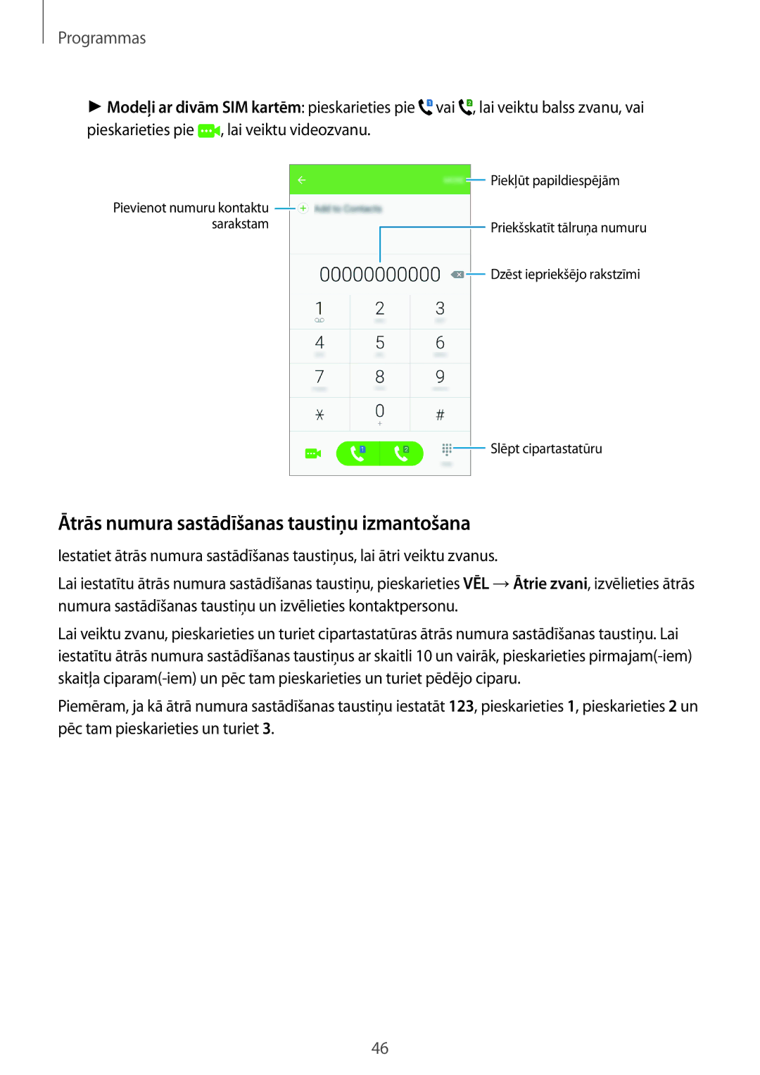 Samsung SM-J510FZDUSEB, SM-J510FZKUSEB, SM-J710FZKNSEB, SM-J710FZDNSEB manual Ātrās numura sastādīšanas taustiņu izmantošana 