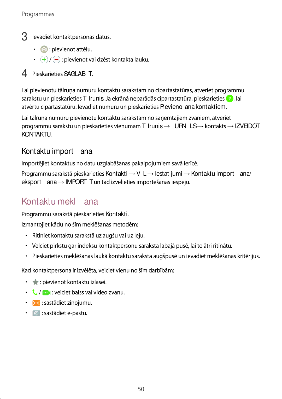 Samsung SM-J510FZDUSEB, SM-J510FZKUSEB, SM-J710FZKNSEB, SM-J710FZDNSEB manual Kontaktu meklēšana, Kontaktu importēšana 