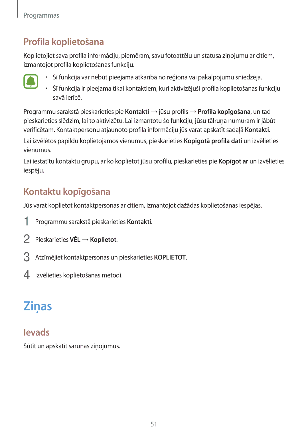 Samsung SM-J710FZDNSEB, SM-J510FZKUSEB, SM-J710FZKNSEB, SM-J510FZDUSEB manual Ziņas, Profila koplietošana, Kontaktu kopīgošana 