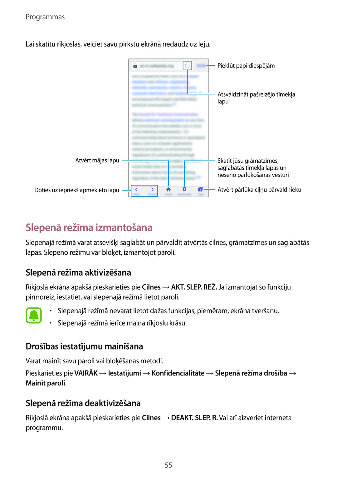 Samsung SM-J710FZDNSEB manual Slepenā režīma izmantošana, Slepenā režīma aktivizēšana, Drošības iestatījumu mainīšana 