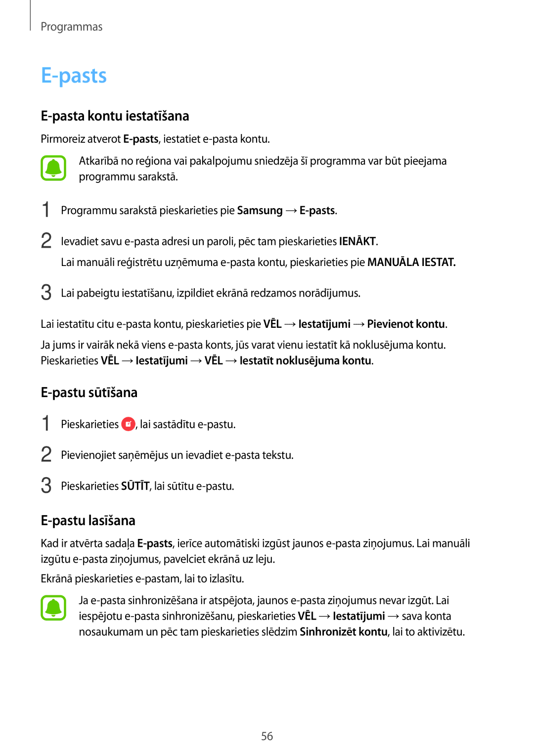 Samsung SM-J510FZKUSEB, SM-J710FZKNSEB, SM-J510FZDUSEB manual Pasts, Pasta kontu iestatīšana, Pastu sūtīšana, Pastu lasīšana 