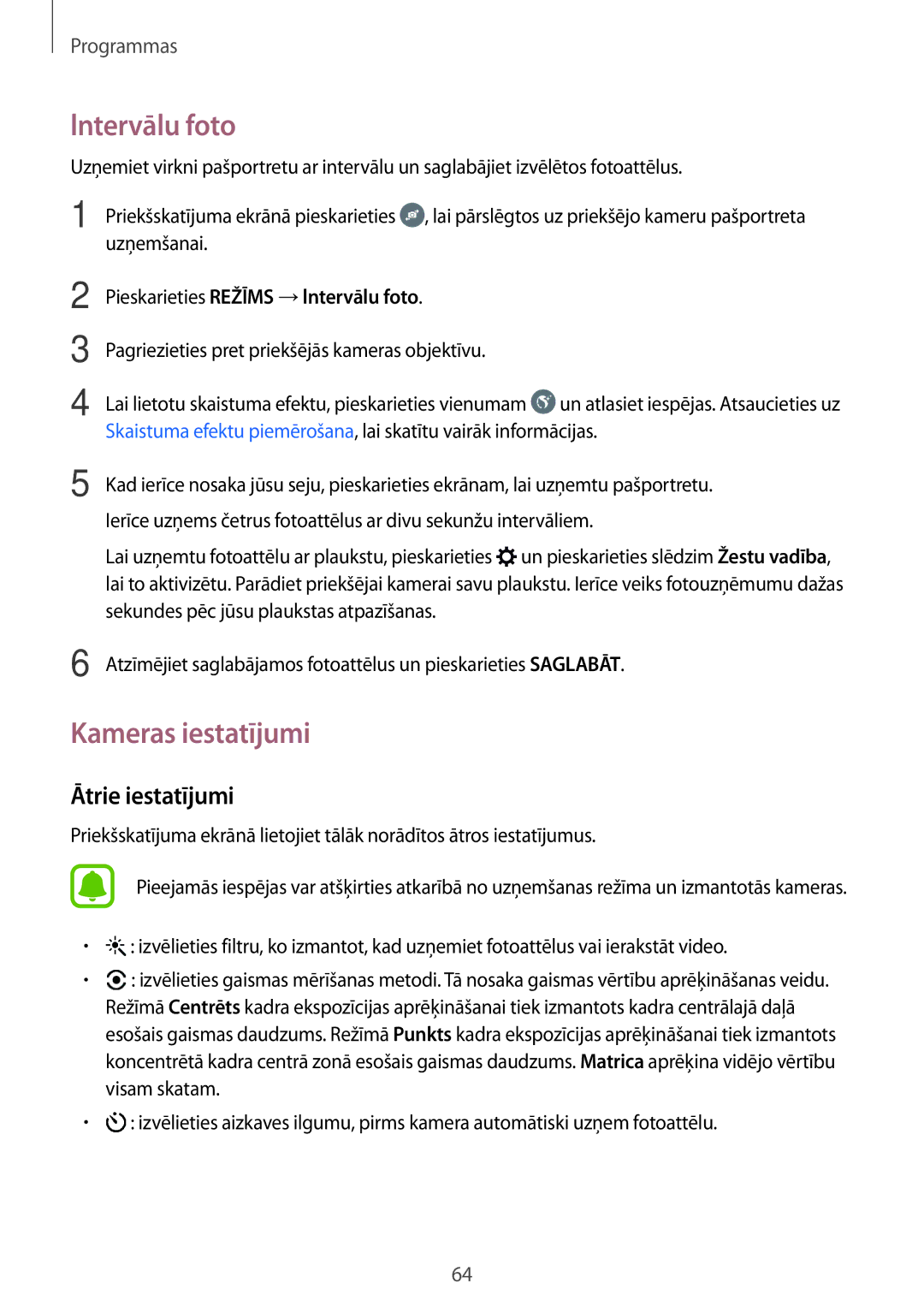 Samsung SM-J510FZKUSEB, SM-J710FZKNSEB, SM-J510FZDUSEB manual Lntervālu foto, Kameras iestatījumi, Ātrie iestatījumi 