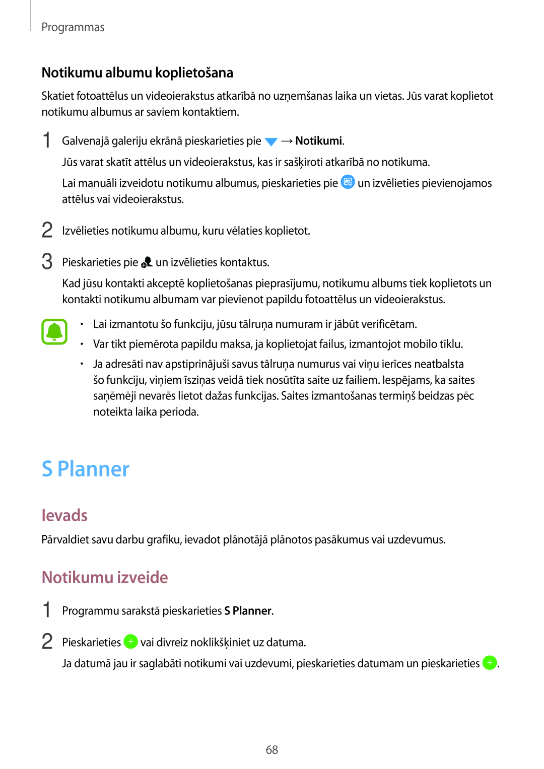 Samsung SM-J510FZKUSEB, SM-J710FZKNSEB, SM-J510FZDUSEB manual Planner, Notikumu izveide, Notikumu albumu koplietošana 