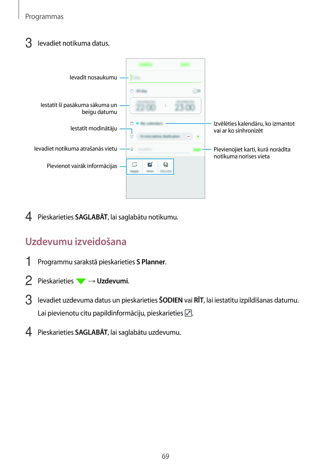 Samsung SM-J710FZKNSEB, SM-J510FZKUSEB, SM-J510FZDUSEB, SM-J710FZDNSEB manual Uzdevumu izveidošana, Ievadiet notikuma datus 