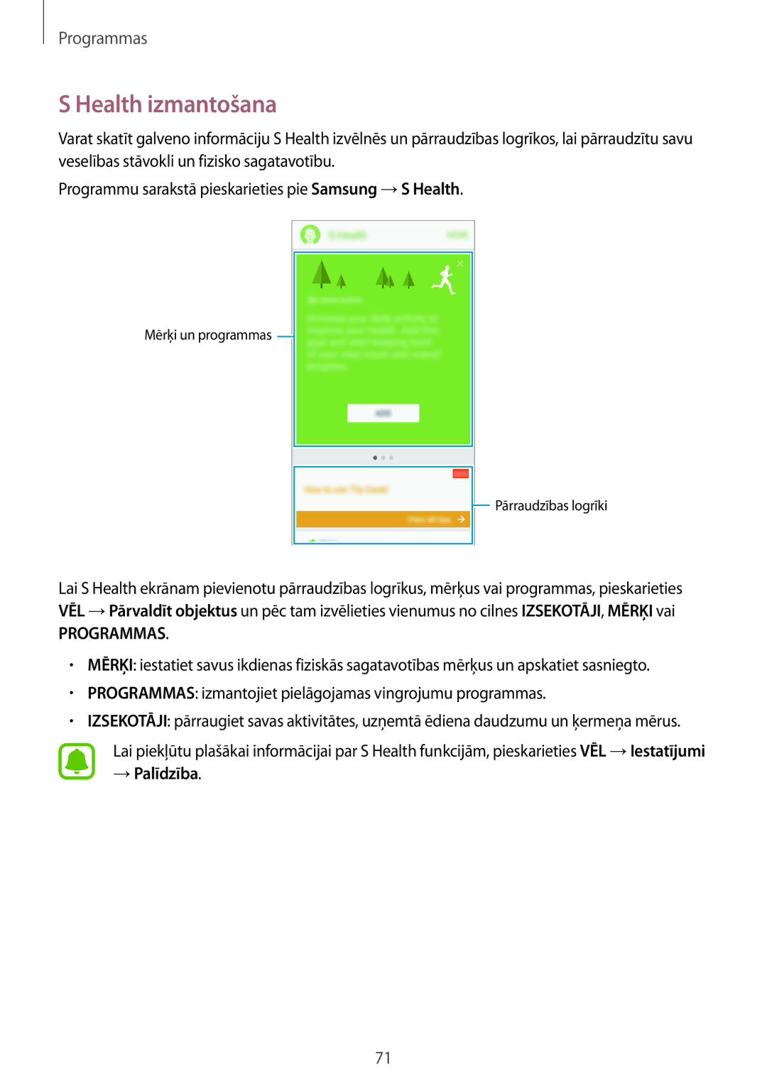 Samsung SM-J710FZDNSEB, SM-J510FZKUSEB, SM-J710FZKNSEB, SM-J510FZDUSEB manual Health izmantošana, Programmas 