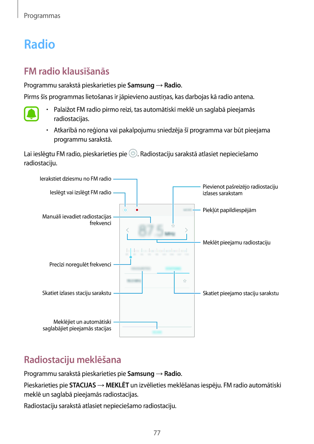 Samsung SM-J710FZKNSEB, SM-J510FZKUSEB, SM-J510FZDUSEB, SM-J710FZDNSEB manual FM radio klausīšanās, Radiostaciju meklēšana 