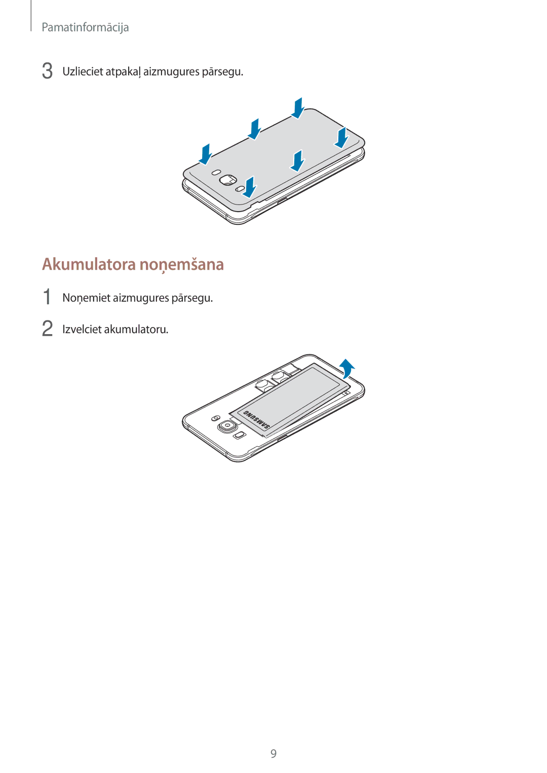 Samsung SM-J710FZKNSEB, SM-J510FZKUSEB, SM-J510FZDUSEB, SM-J710FZDNSEB manual Akumulatora noņemšana 