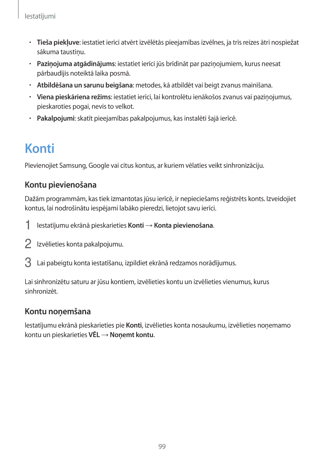 Samsung SM-J710FZDNSEB, SM-J510FZKUSEB, SM-J710FZKNSEB, SM-J510FZDUSEB manual Konti, Kontu pievienošana, Kontu noņemšana 