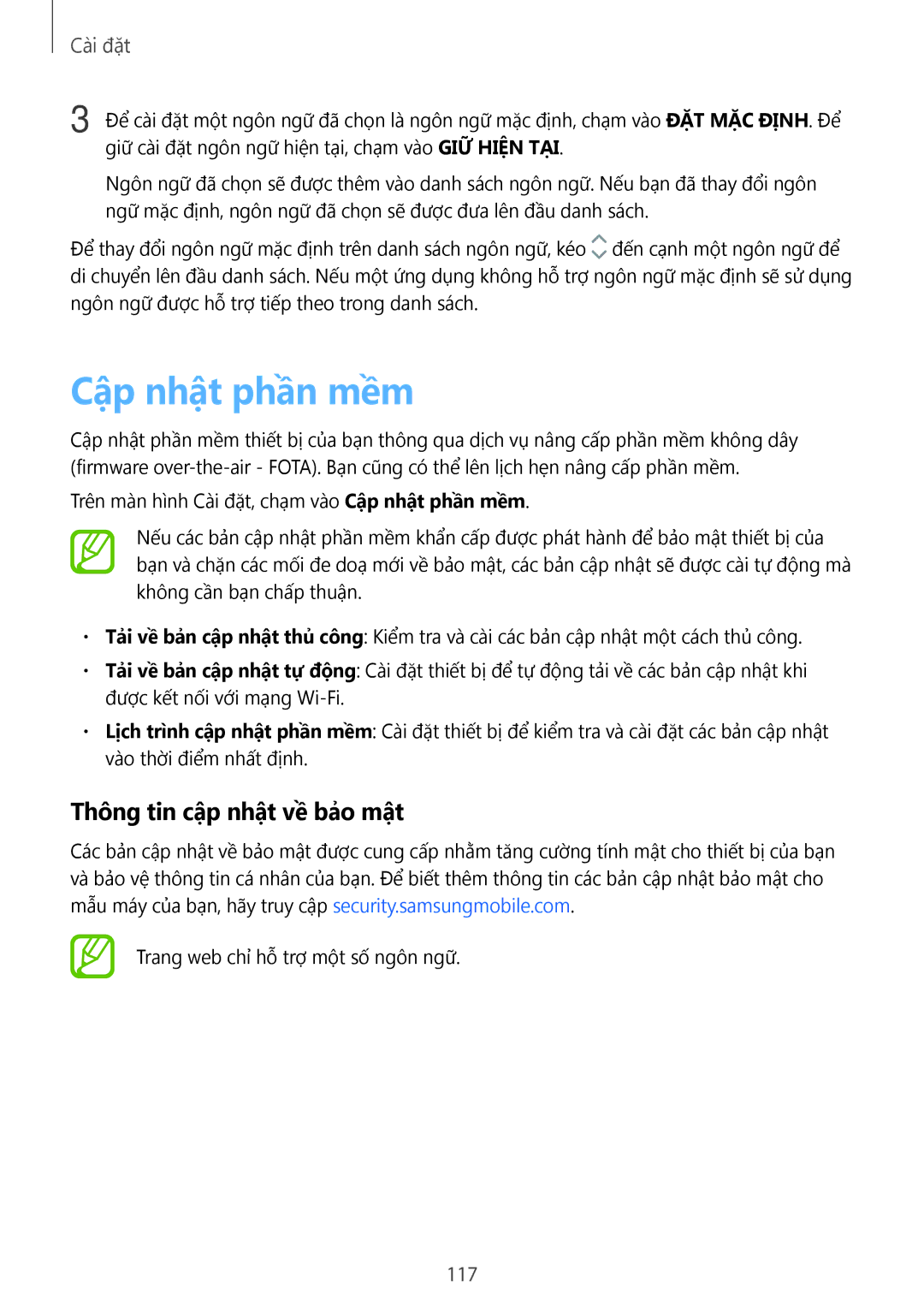 Samsung SM-J710FZWUXXV, SM-J510FZKUXXV, SM-J510FZDUXXV, SM-J510FEDUXXV manual Cập nhật phần mềm, Thông tin cập nhật về bảo mật 