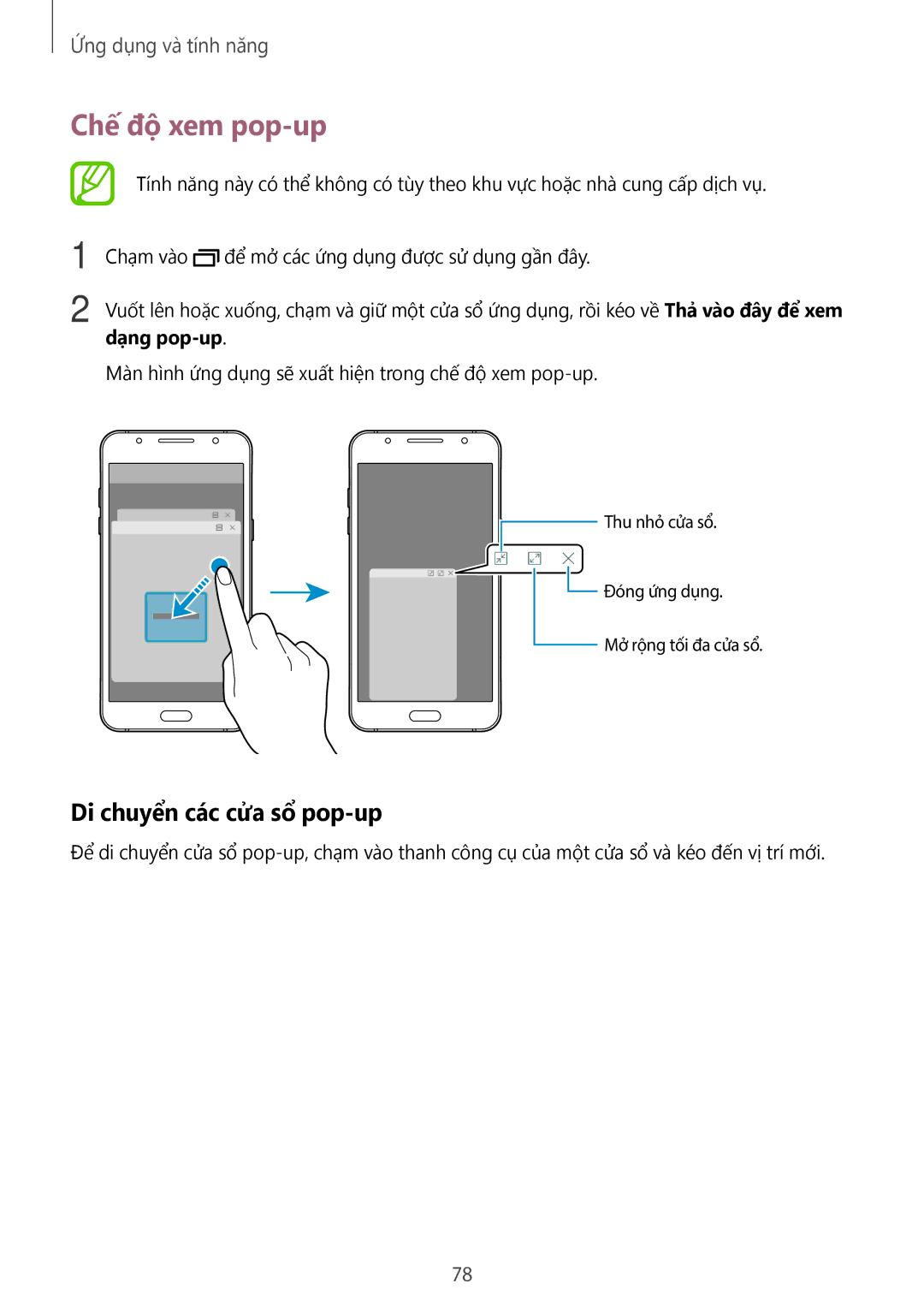 Samsung SM-J510FZDUXXV, SM-J510FZKUXXV, SM-J510FEDUXXV, SM-J510FZWUXXV manual Chế độ xem pop-up, Di chuyển các cửa sổ pop-up 
