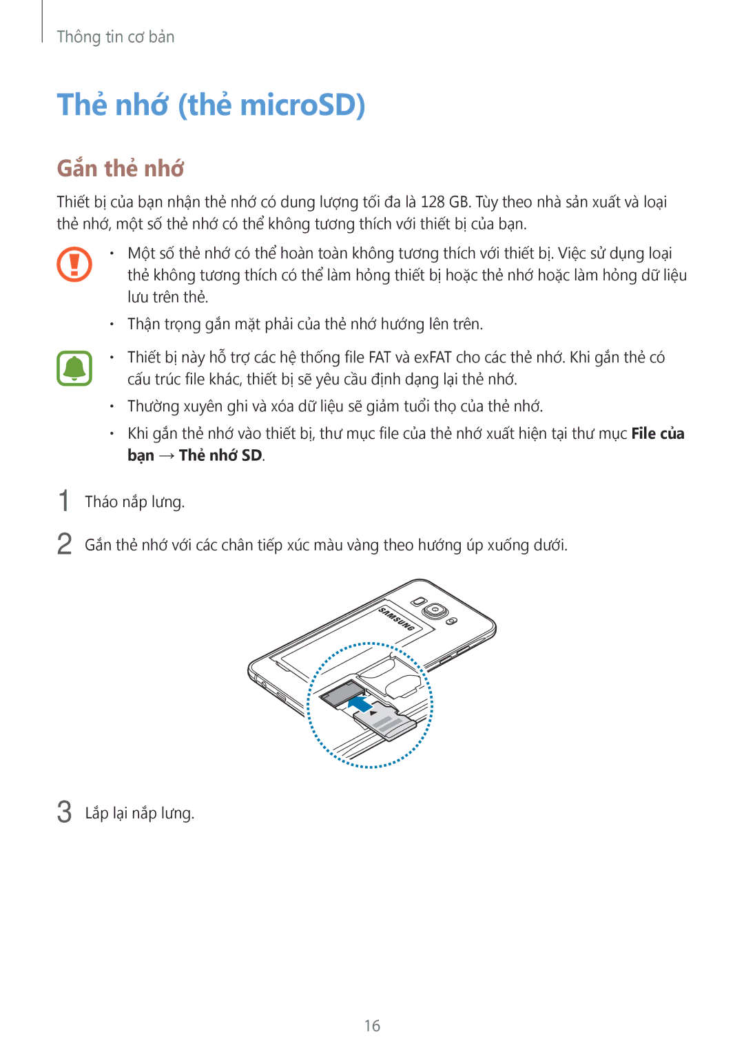 Samsung SM-J510FEDUXXV, SM-J510FZKUXXV, SM-J510FZDUXXV, SM-J510FZWUXXV, SM-J710FZDUXXV manual Thẻ nhớ thẻ microSD, Gắn thẻ nhớ 