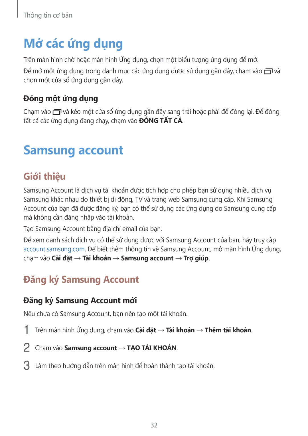 Samsung SM-J710FZDUXXV, SM-J510FZKUXXV manual Mở các ứng dụng, Samsung account, Giới thiệu, Đăng ký Samsung Account 