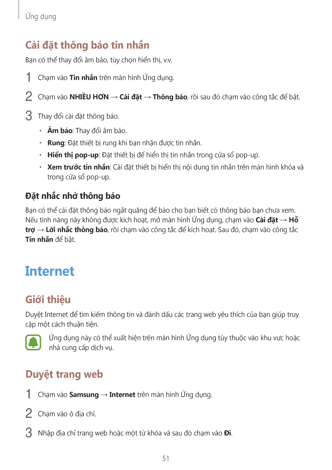 Samsung SM-J510FEDUXXV, SM-J510FZKUXXV manual Internet, Cài đặt thông báo tin nhắn, Duyệt trang web, Đặt nhắc nhở thông báo 
