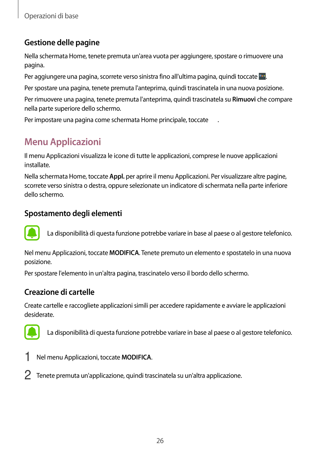 Samsung SM-J710FZDNITV, SM-J510FZWNITV, SM-J710FZWNITV, SM-J710FZKNITV manual Menu Applicazioni, Gestione delle pagine 