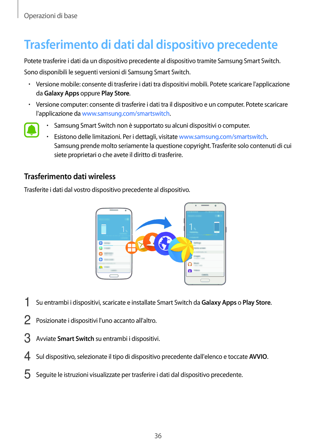 Samsung SM-J510FZWNITV, SM-J710FZWNITV manual Trasferimento di dati dal dispositivo precedente, Trasferimento dati wireless 