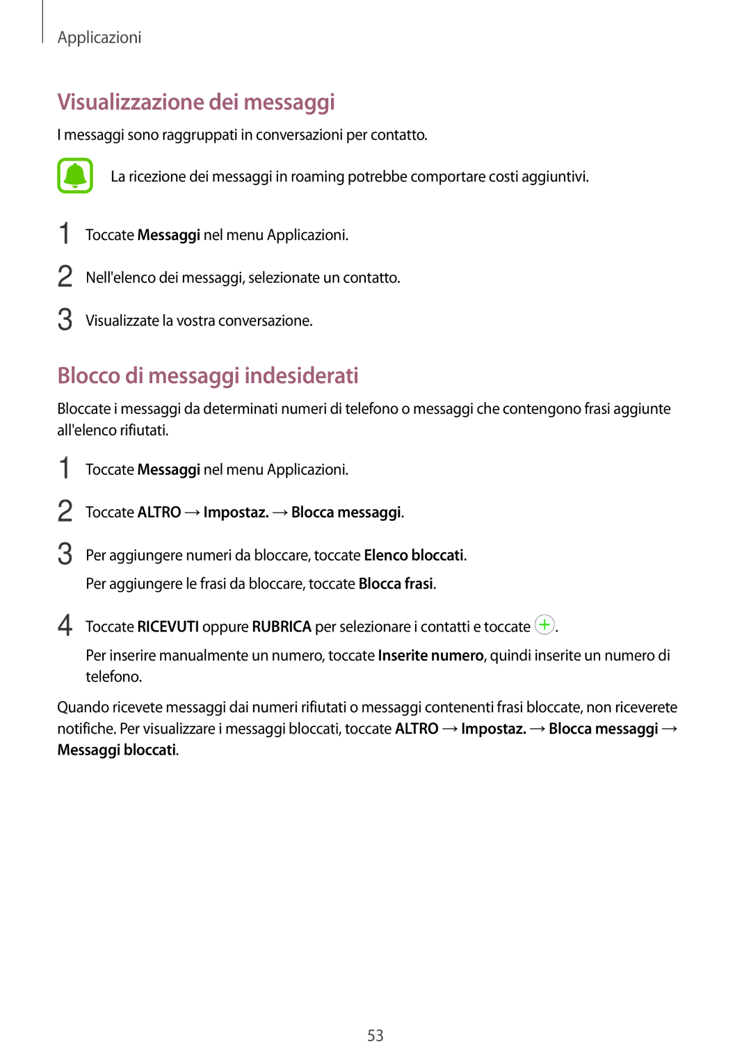 Samsung SM-J710FZDNITV, SM-J510FZWNITV, SM-J710FZWNITV manual Visualizzazione dei messaggi, Blocco di messaggi indesiderati 