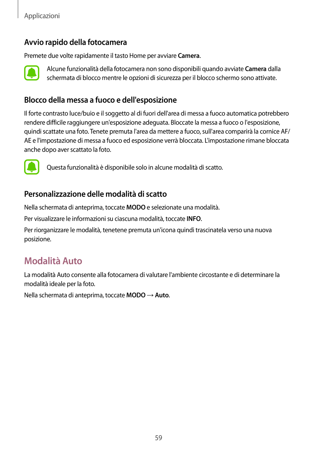 Samsung SM-J510FZDNITV manual Modalità Auto, Avvio rapido della fotocamera, Blocco della messa a fuoco e dellesposizione 