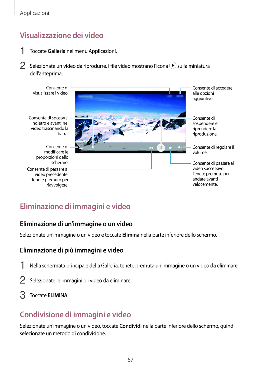 Samsung SM-J510FZKNITV manual Visualizzazione dei video, Eliminazione di immagini e video, Condivisione di immagini e video 