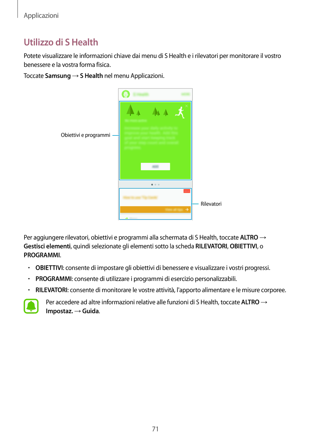 Samsung SM-J710FZDNITV, SM-J510FZWNITV, SM-J710FZWNITV, SM-J710FZKNITV, SM-J510FZWUITV manual Utilizzo di S Health, Programmi 