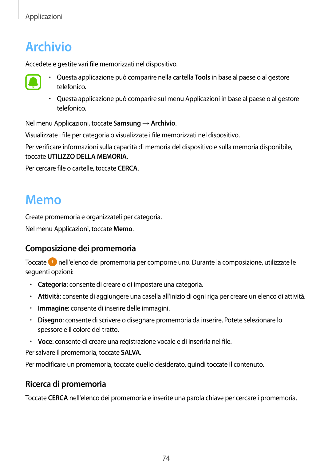 Samsung SM-J710FZKNITV, SM-J510FZWNITV, SM-J710FZWNITV Archivio, Memo, Composizione dei promemoria, Ricerca di promemoria 