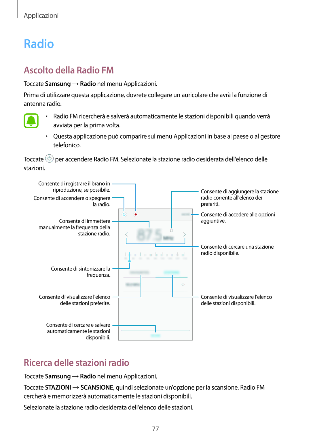 Samsung SM-J510FZDNITV, SM-J510FZWNITV, SM-J710FZWNITV manual Ascolto della Radio FM, Ricerca delle stazioni radio 