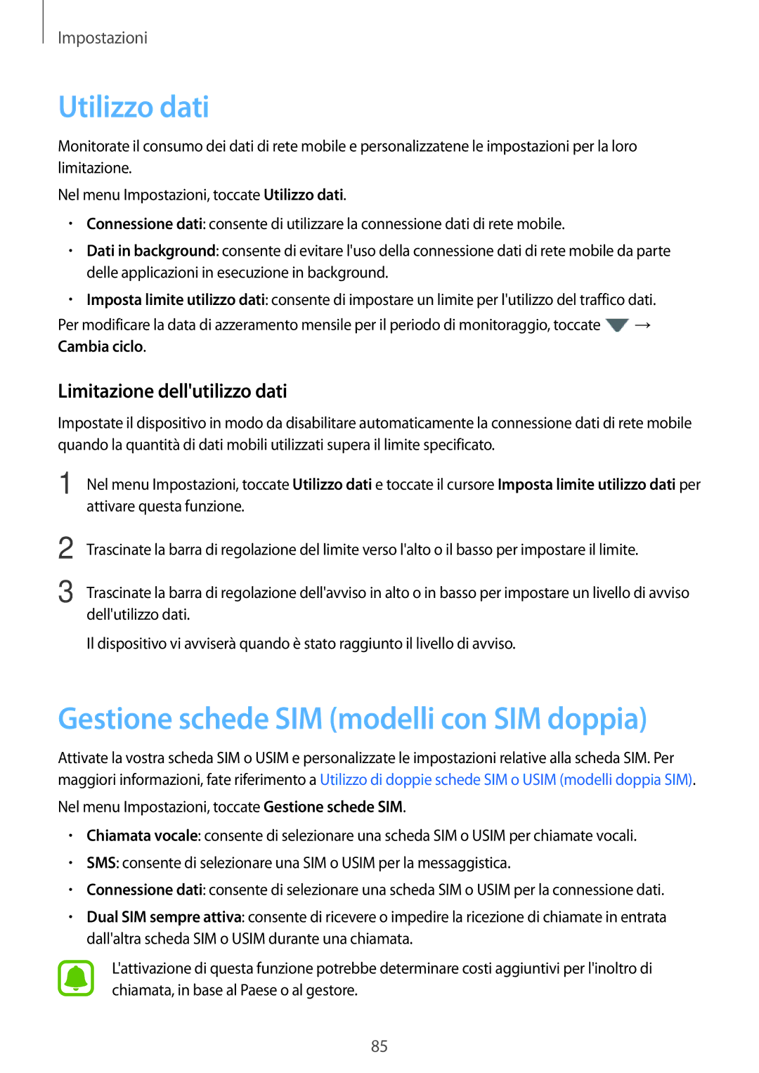 Samsung SM-J510FZKNITV manual Utilizzo dati, Gestione schede SIM modelli con SIM doppia, Limitazione dellutilizzo dati 